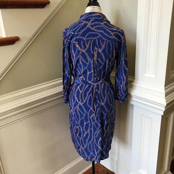 L'Agence Estelle Chain Mini Shirt Dress Womens XS Blue Gold Silk Button Down - Picture 12 of 13
